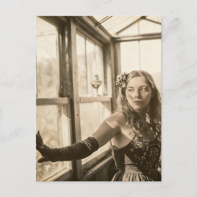 Vintage woman in a greenhouse  postcard (Front)