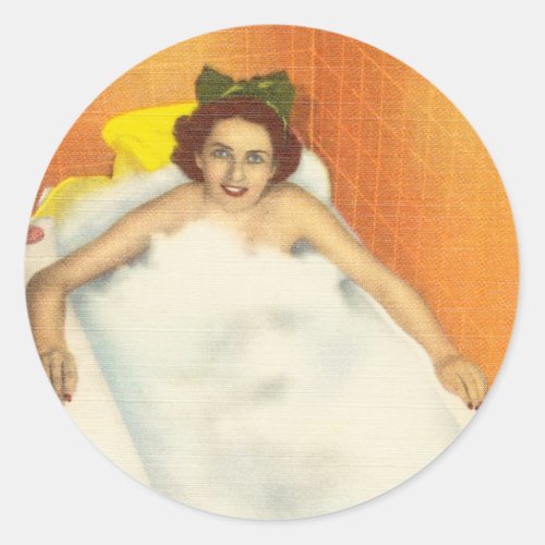 Vintage woman in bathtub fun retro kitsch classic round sticker