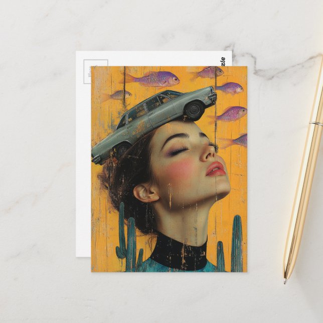 Vintage Woman in Desert with fish and car Surreal Postcard (Front/Back In Situ)