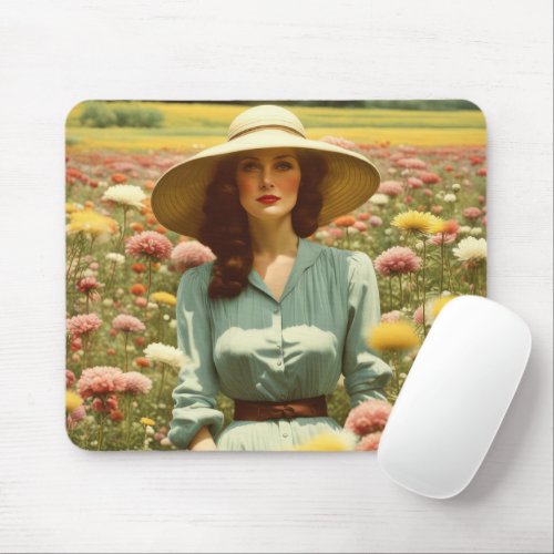  Vintage Woman In Flower Field Mouse Pad