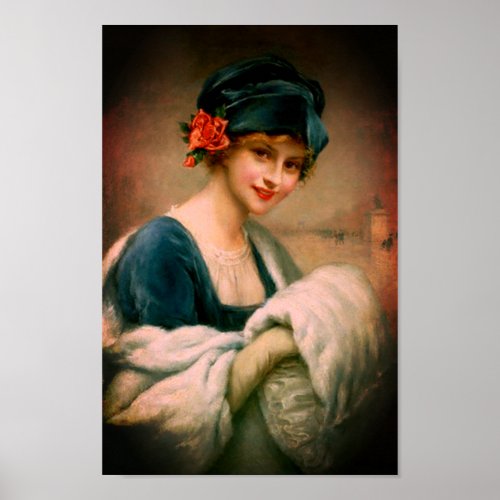 Vintage woman in fur hand muff winter portrait poster