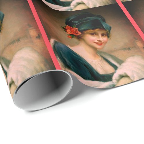 Vintage woman in fur hand muff winter portrait wrapping paper