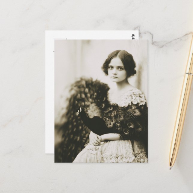 Vintage Woman in Peacock Feathers Postcard (Front/Back In Situ)