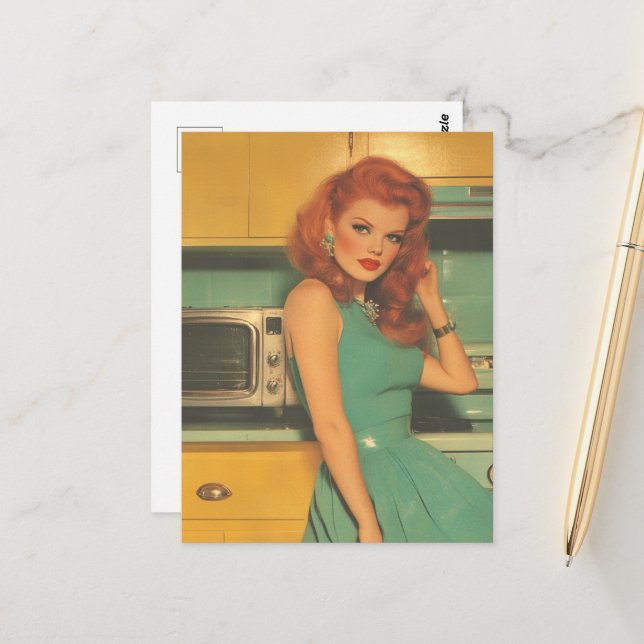 Vintage Woman in the Kitchen Postcard (Front/Back In Situ)