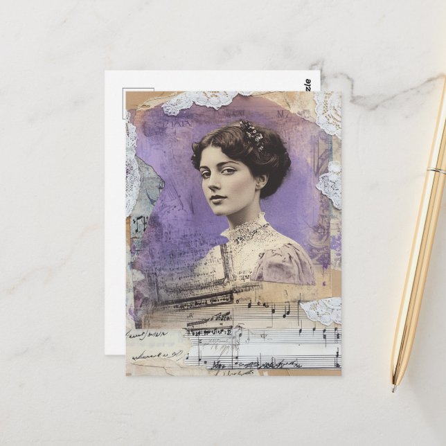 Vintage Woman Mixed Media Collage Sheet Music Postcard (Front/Back In Situ)