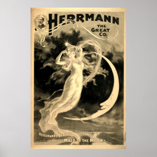 Vintage Woman & Moon Magician Herrmann Poster