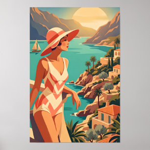 Vintage Woman Overlooking Spanish Coast Poster