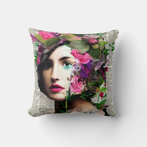 Vintage Woman Paper Collage Art Throw Pillow