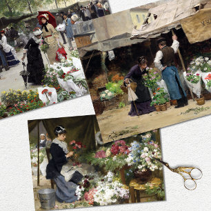 Vintage Woman Paris Flower Market Decoupage  Wrapping Paper Sheets