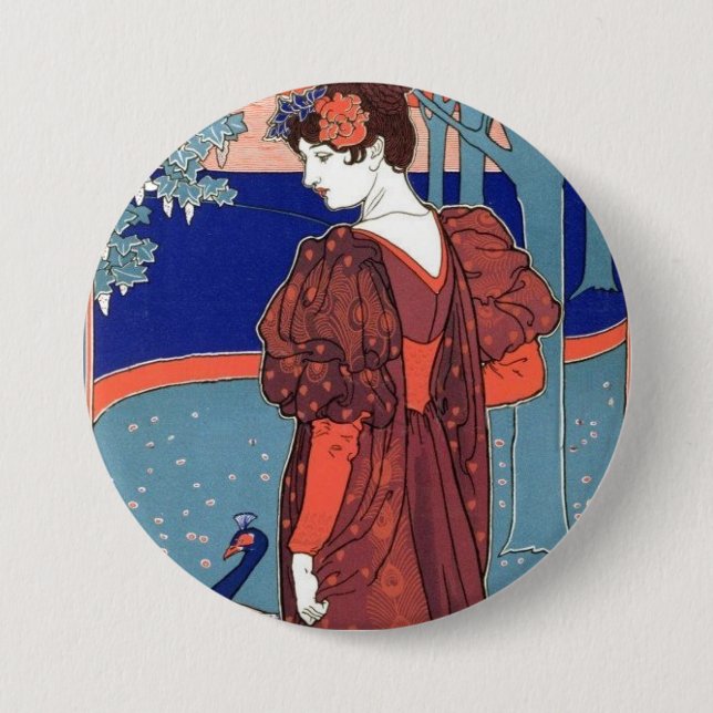 Vintage Woman & Peacock Button (Front)