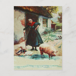 Vintage Woman Pig Ducks St Patrick's Day Card