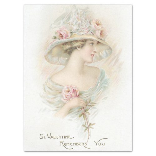 Vintage Woman Pink Rose Valentine Decoupage Craft  Tissue Paper