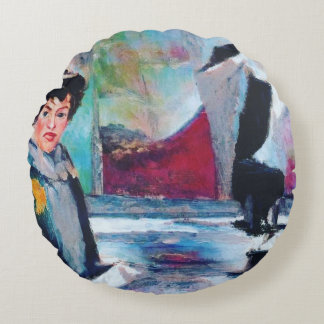 Vintage Woman Portrait with Abstract Background Round Pillow