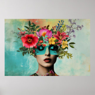 Vintage woman portrait with flowers poster