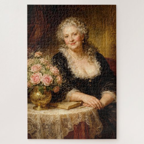 Vintage Woman Posed with Rose Bouquet Jigsaw Puzzle