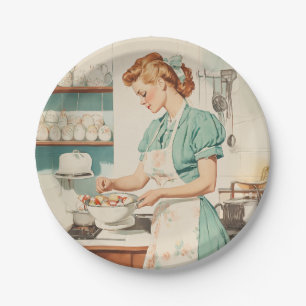 Vintage Woman Preparing Easter Eggs Paper Plates