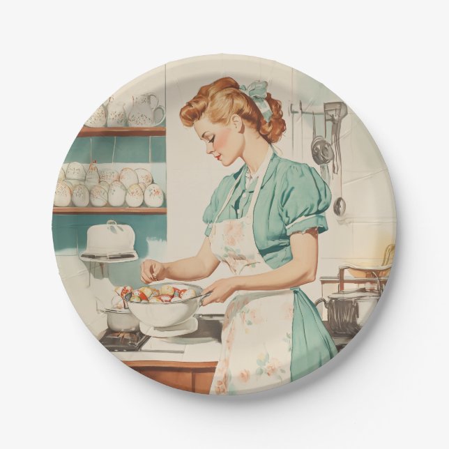 Vintage Woman Preparing Easter Eggs Paper Plates (Front)