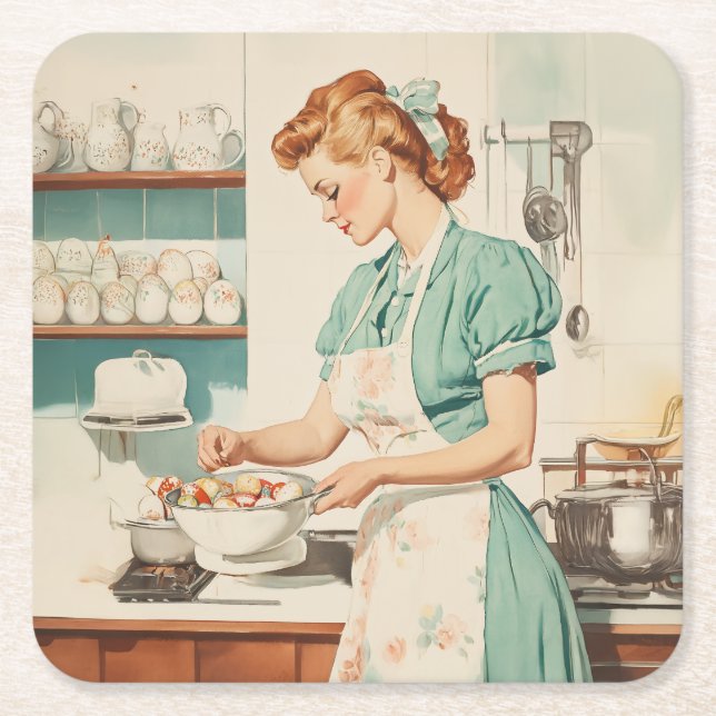 Vintage Woman Preparing Easter Eggs Square Paper Coaster (Front)