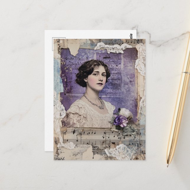 Vintage Woman Purple Collage Sheet Music flower Postcard (Front/Back In Situ)