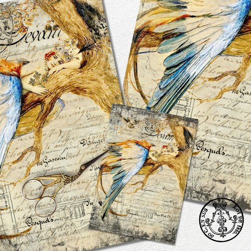 Vintage Woman Rustic Texture Bird Queen Decoupage  Wrapping Paper Sheets