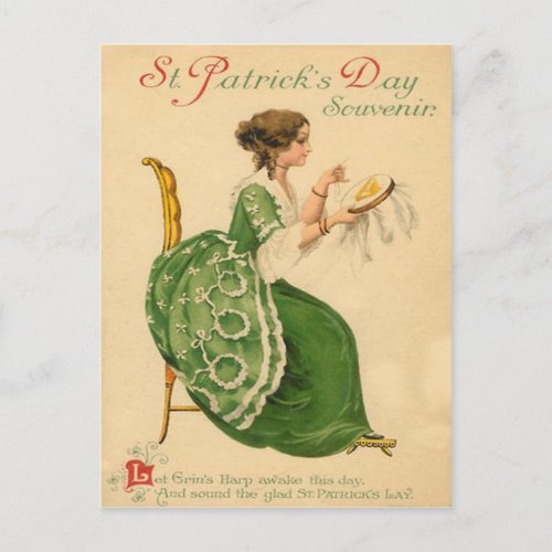 Vintage Woman Sew Harp of Erin St Patricks Day Postcard