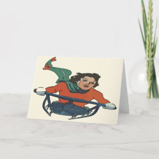 Vintage Woman Sledding Holiday Card