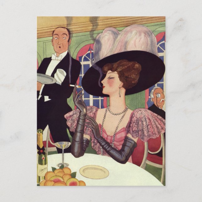 Vintage Woman Smoking Cigarette Drinking Champagne Postcard (Front)