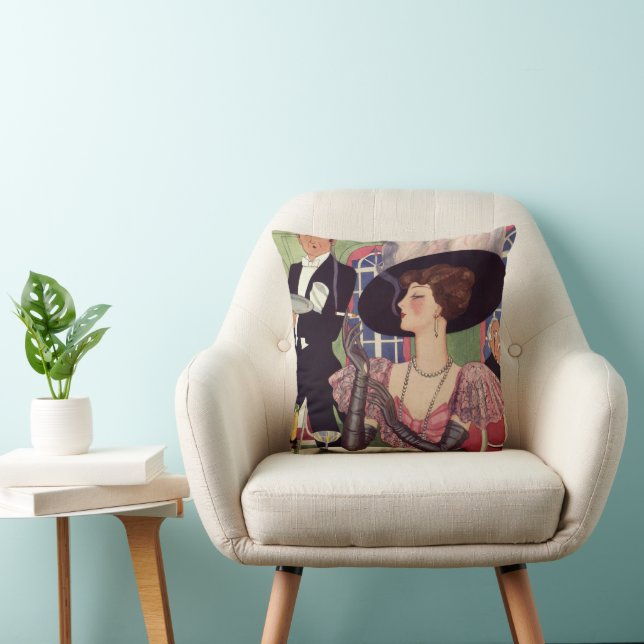 Vintage Woman Smoking Cigarette Drinking Champagne Throw Pillow (Chair)
