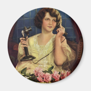 Vintage Woman Talking on the Phone Rose Flowers Magnet
