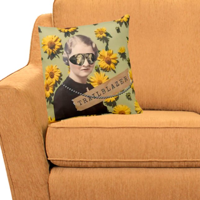 Vintage Woman Trailblazer Daisies Kitsch  Throw Pillow (Creator Uploaded)