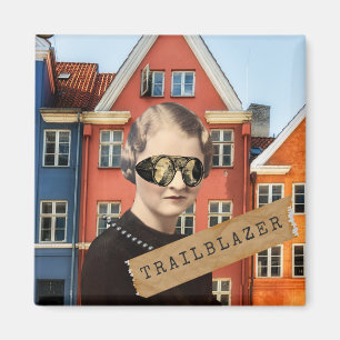 Vintage Woman Trailblazer Kitsch Altered Art Magnet