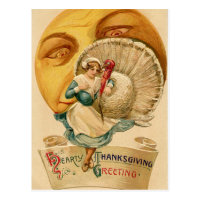 Vintage Woman Turkey and Moon Thanksgiving Postcard