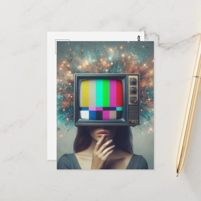 Vintage Woman TV Blows Her Mind Postcard (Front/Back In Situ)