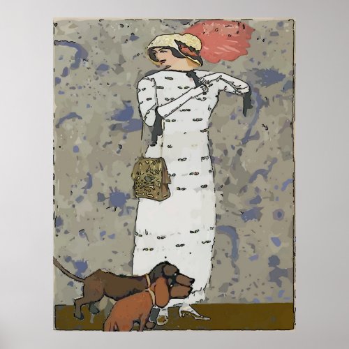 Vintage woman Walking Dachshunds Poster