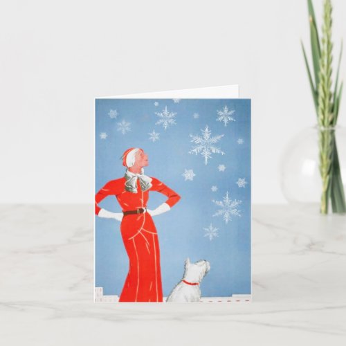 Vintage Woman  Westie Dog Christmas Winter Card