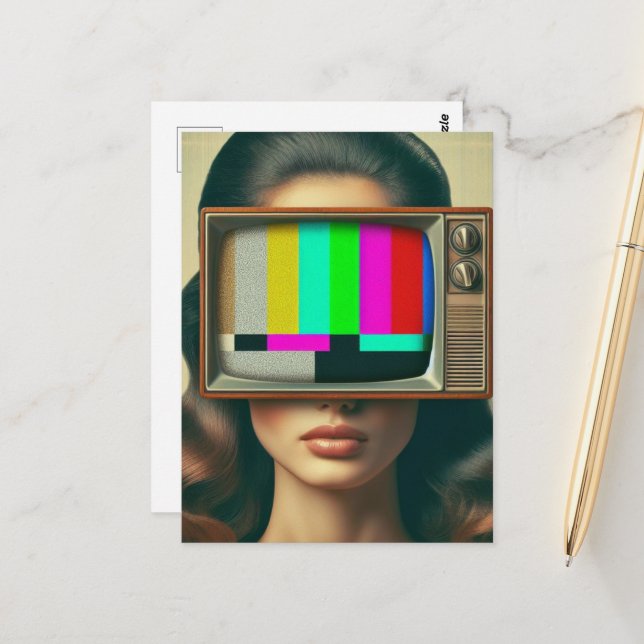 Vintage Woman With a TV on Her Face Postcard (Front/Back In Situ)