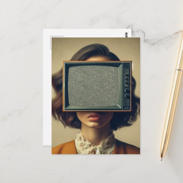Vintage Woman With a TV on Her Head Postcard (Front/Back In Situ)