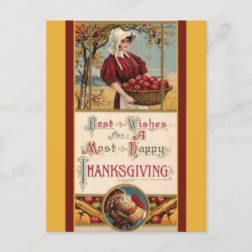 Vintage Woman With Basket of Apples Thanksgiving Postcard
