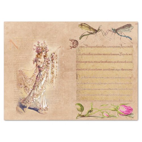 Vintage Woman with Calligraphy and Dragonflies Tissue Paper