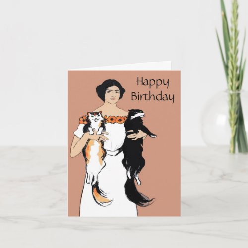 Vintage Woman with Cats Birthday Card