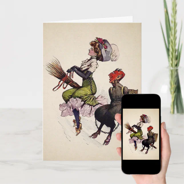 Vintage Woman with Krampus Christmas Card | Zazzle