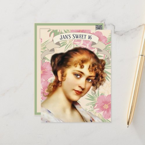 Vintage Woman with Pink Hibiscus Flower Invitation Postcard