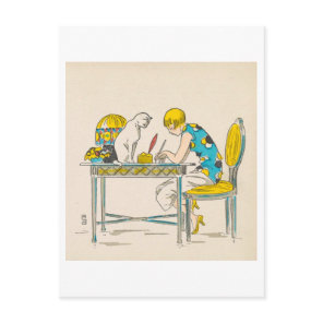 Vintage Woman Writing with White Cat Postcard