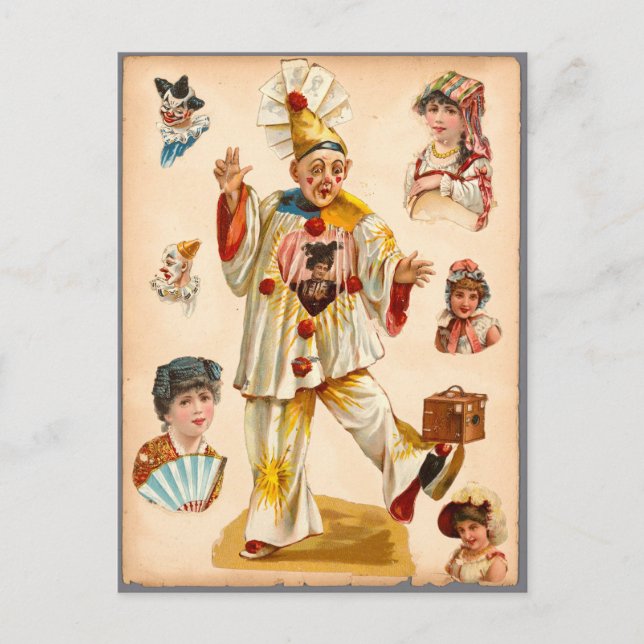 Vintage Women & Circus Clowns Ephemera Collage Postcard (Front)