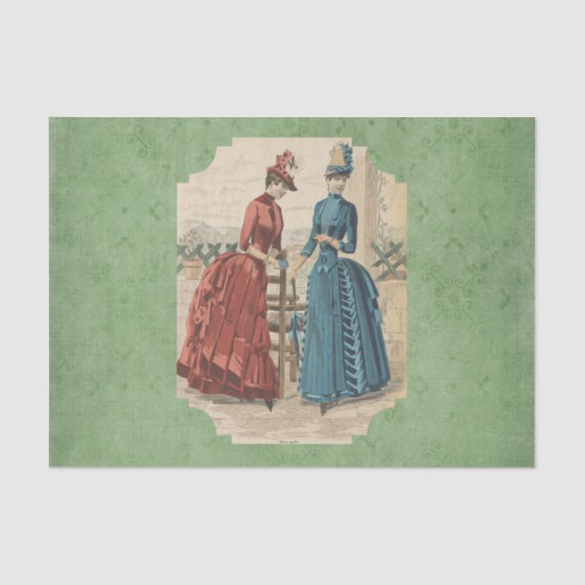 Vintage Women in Dress Green Decoupage Tissue Paper (Front)