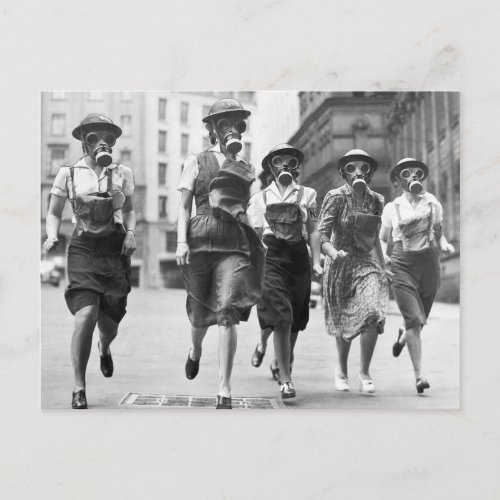 Vintage Women in Gas Masks World War II Postcard