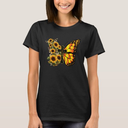 Vintage Women Men Faith Cross Sunflower Butterfly  T_Shirt