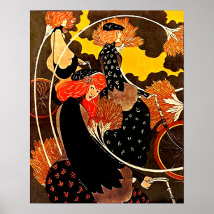 Vintage Women Riding Bicyles in Autumn Poster