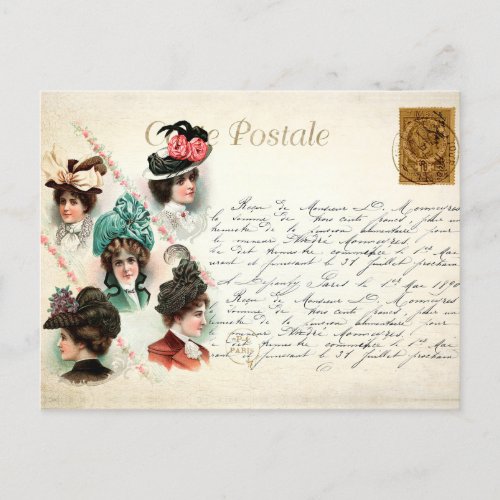 Vintage Women Wearing Hats with Handwriting French Postcard