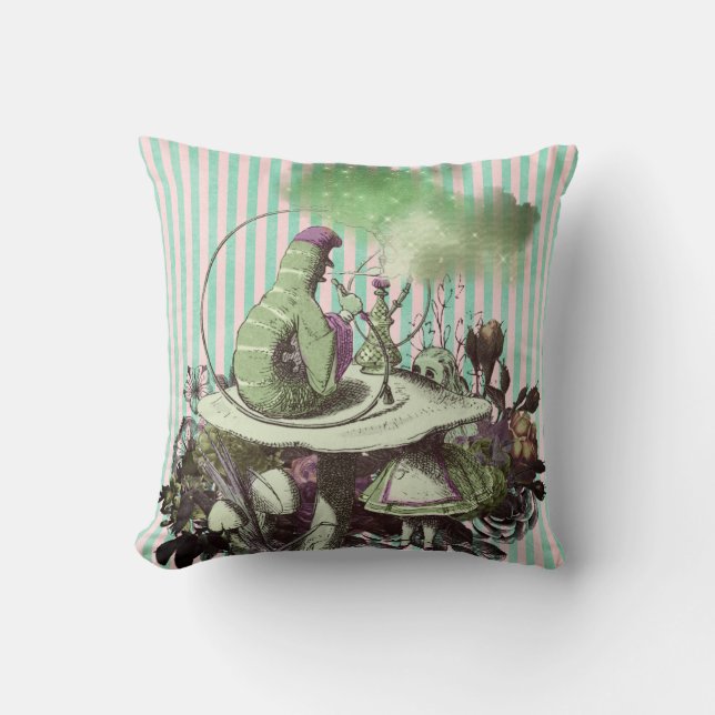 Vintage Wonderland Caterpillar and Alice Throw Pillow (Front)